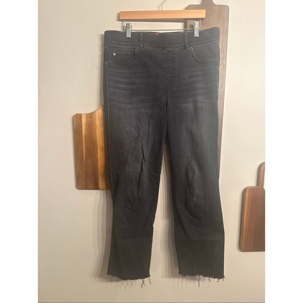 Spanx Black Denim Pull-On Raw Hem Straight Leg Ankle Pants Dark‎ Wash Size Large